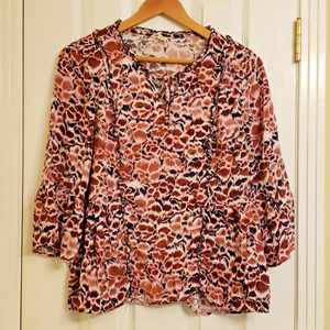 Caslon Womens 3/4 Bell Sleeve Floral Blouse Red Brown Gauzy Raw Hem Boho Medium
